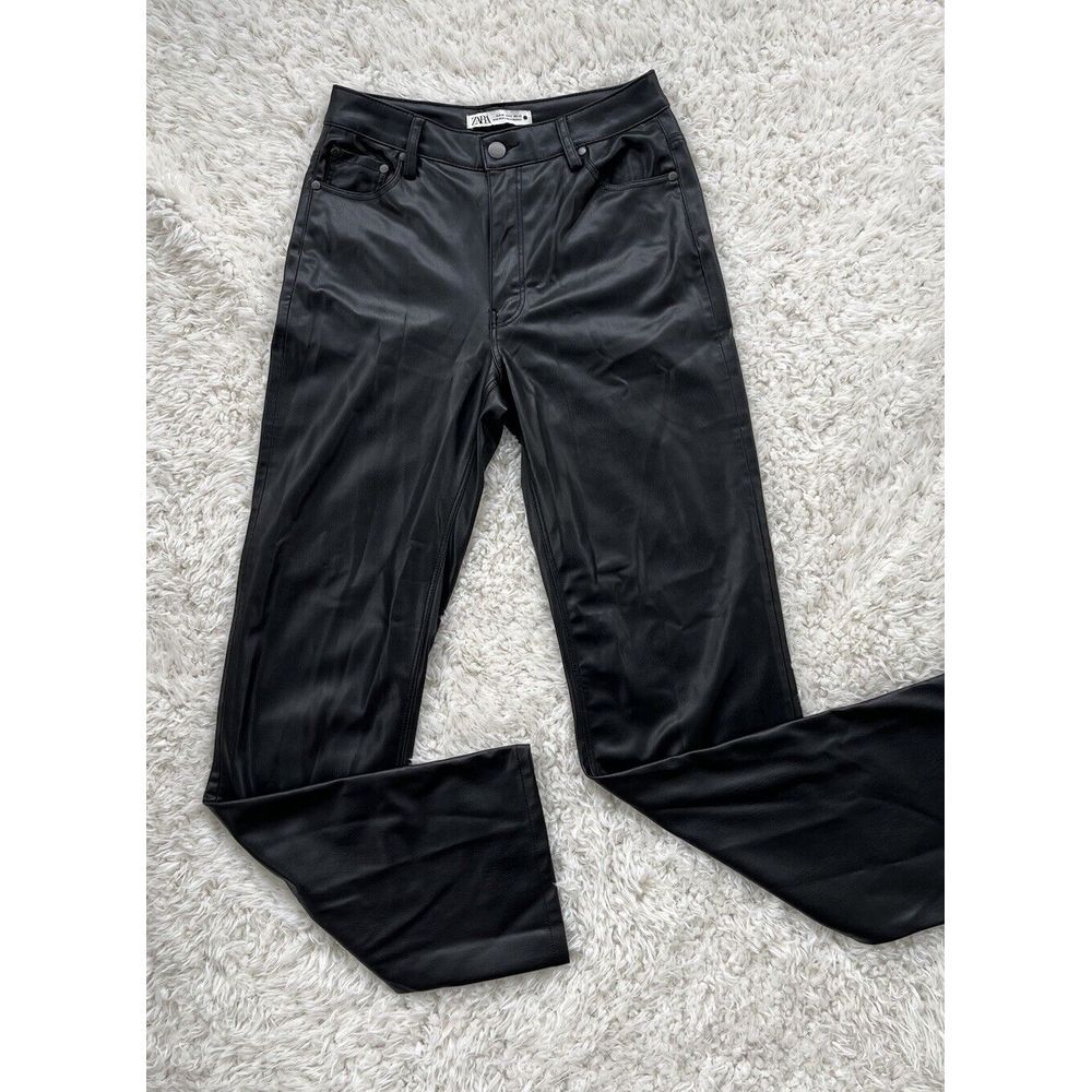 Zara Faux Leather Black Pants Straight Leg High Rise Front Zip Size 6 EUC